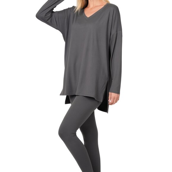 V-Neck Long-Sleeve Loungewear Leggings Set SM-3X - Picture 3 of 7